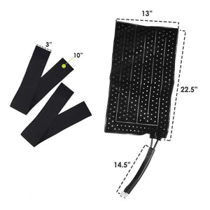 Black heating pad with dimensions 13 by 22.5 inches and a 3 by 10 inch strap