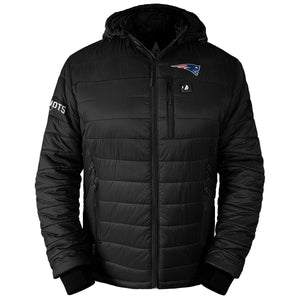 ActionHeat black hooded puffer jacket with New England Patriots logo and chest power button