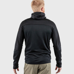 Back view of a person wearing a black FjallRaven hooded fleece jacket