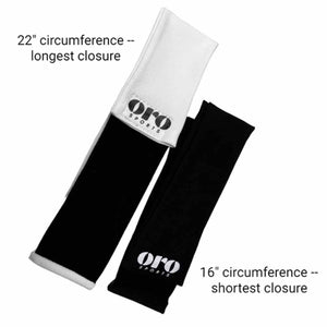 Oro Sports arm bands showing 22 inch circumference at longest closure and 16 inch circumference at shortest closure