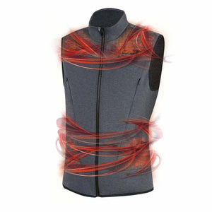 Grey sleeveless heated vest with red heat zone graphics