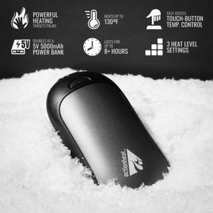 ActionHeat hand warmer in snow with icons showing 130 degree heat, 5000mAh power bank, and 3 heat settings