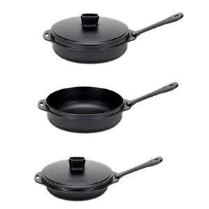 Snow Peak cast iron skillet with lid in three different views