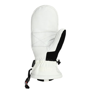 Seirus white leather mitten with black thumb panel and elastic wrist