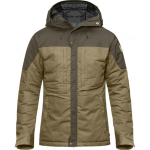Fjallraven Singi down jacket in two tone olive green with hood and front pockets