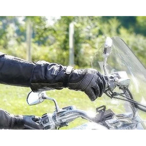 California Heat black leather motorcycle gloves on handlebars