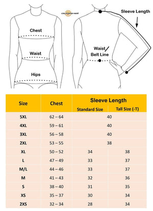 California Heat size chart showing chest and sleeve length measurements for sizes 2XS to 5XL