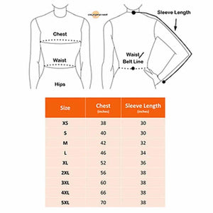 California Heat size chart showing chest and sleeve length measurements for sizes XS to 5XL