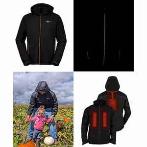 California Heat black hooded heated jacket showing front, back, and internal heating elements