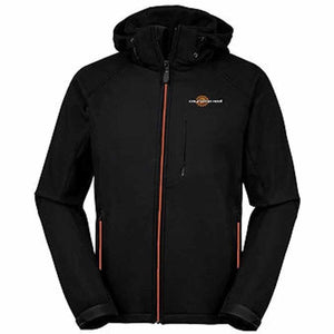 California Heat black softshell hooded jacket with orange zipper accents