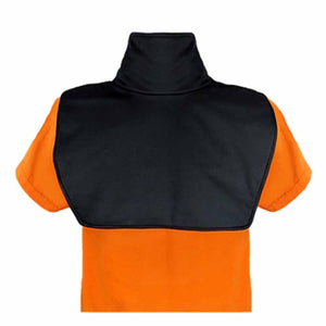 California Heat black neck and shoulder warmer worn over an orange shirt