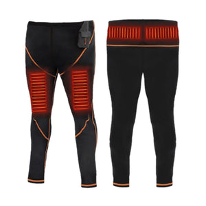 California Heat black heated base layer pants with orange stitching and visible heating elements