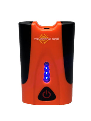 California Heat portable battery pack with orange and black casing and blue LED indicator lights