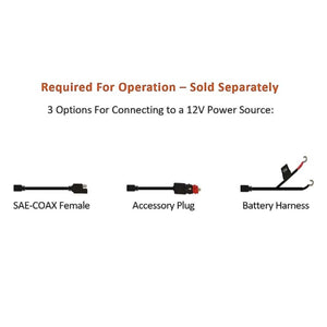 Three 12V power source connection options including SAE-COAX female, accessory plug, and battery harness