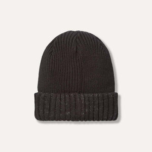 Black ribbed knit beanie with a folded cuff