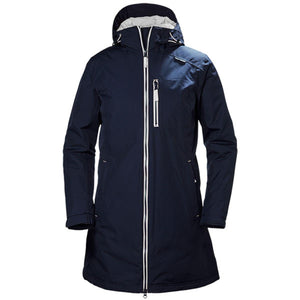 Helly Hansen navy blue hooded long rain jacket with white zipper details