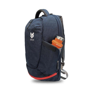 CGear navy blue backpack with an orange water bottle in the side pocket