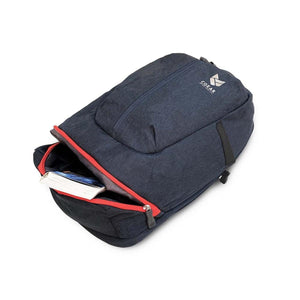 CGear navy blue backpack with red zipper detail and open front pocket