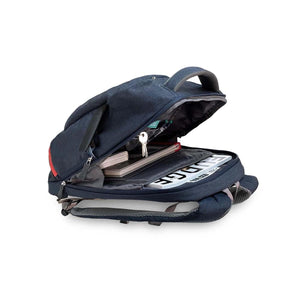 CGear navy blue backpack with open main compartment containing books and keys
