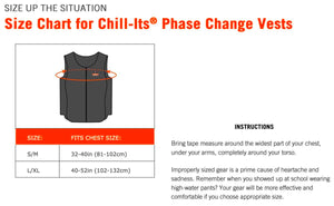 Chill-Its phase change vest size chart showing chest measurements for sizes SM and LXL