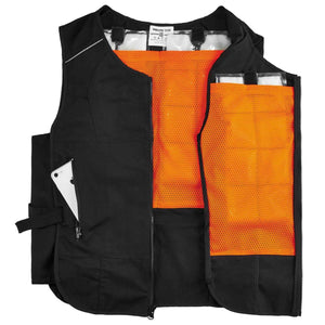 Chill-Its black cooling vest with orange mesh interior and ice pack pockets