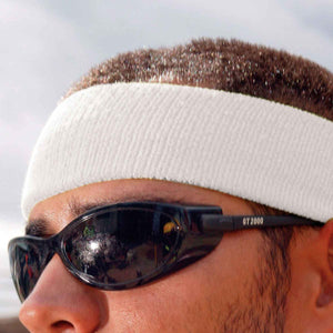 Person wearing a white sweatband and black GT 2000 sunglasses