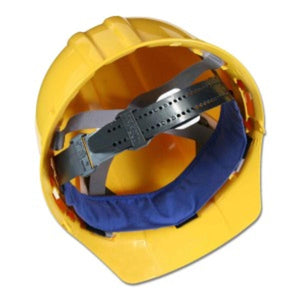 Chill-Its blue cooling sweatband attached to the inside of a yellow hard hat