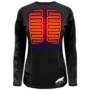 Aheata black long sleeve heated base layer with orange heating element graphic on chest