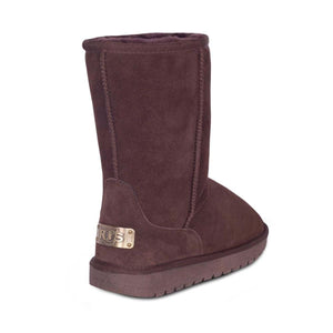 Cloud Nine Sheepskin dark brown suede mid calf boot with branded heel plate