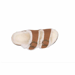 Cloud Nine Sheepskin tan suede double buckle sandal with white sheepskin lining