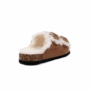 Cloud Nine Sheepskin brown suede slide with white wool lining and cork midsole