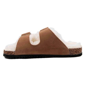 Cloud Nine Sheepskin brown suede double strap sandal with white sheepskin lining and cork midsole