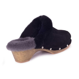 Cloud Nine Sheepskin black suede clog with grey sheepskin lining and wooden heel