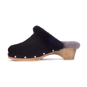 Cloud Nine Sheepskin black suede mule clog with fur lining and studded wooden heel