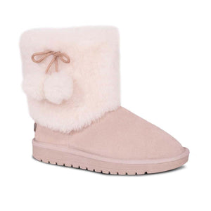 Cloud Nine Sheepskin pink suede boot with faux fur cuff and pom pom detail