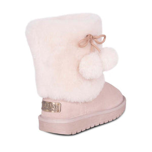 Cloud Nine Sheepskin pink suede boot with faux fur cuff and pom pom detail