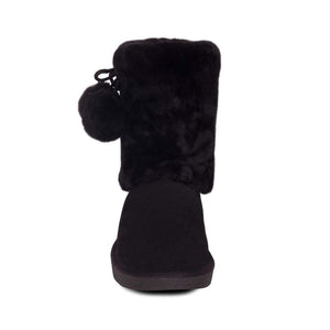 Cloud Nine Sheepskin black suede boot with faux fur cuff and pom pom detail