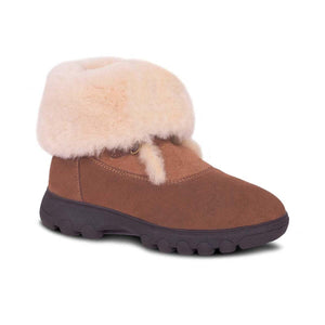 Cloud Nine Sheepskin brown suede ankle boot with cream sheepskin cuff and dark brown rubber sole