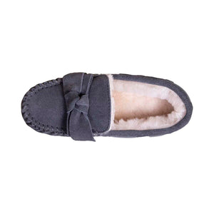 Cloud Nine Sheepskin grey suede moccasin slipper with bow detail and cream sheepskin lining