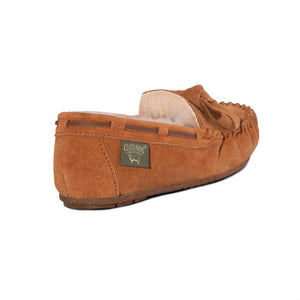Cloud Nine Sheepskin brown suede moccasin slipper with shearling lining and side brand tag