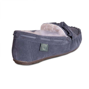 Cloud Nine Sheepskin grey suede moccasin slipper with white wool lining and side logo tag