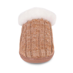 Cloud Nine Sheepskin tan cable knit slipper with white fleece trim