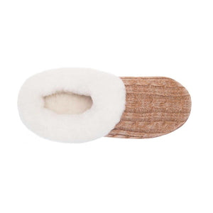 Cloud Nine Sheepskin tan cable knit slipper with white fleece lining
