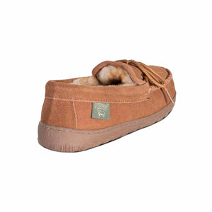 Cloud Nine Sheepskin tan suede moccasin slipper with shearling lining and lace detail