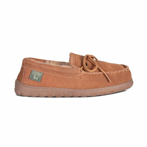 Cloud Nine Sheepskin brown suede moccasin slipper with lace detail and rubber sole