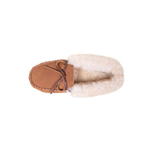 Cloud Nine Sheepskin tan suede moccasin slipper with cream wool lining and leather lace bow