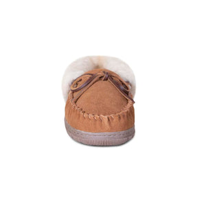 Cloud Nine Sheepskin brown suede moccasin slipper with cream wool lining and leather lace detail