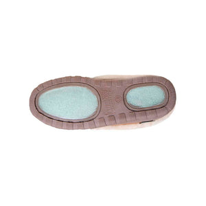 Bottom view of Cloud Nine Sheepskin slipper showing brown textured sole with light blue grip pads
