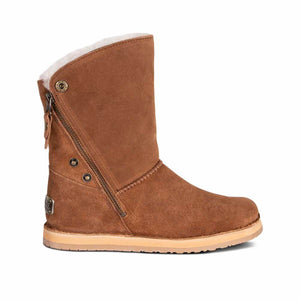 Cloud Nine Sheepskin brown suede mid calf boot with side zipper and white shearling lining