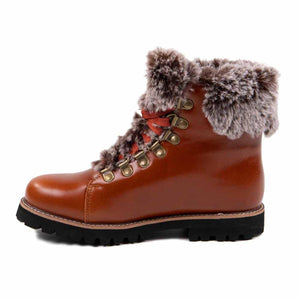 Cloud Nine Sheepskin brown leather lace up boot with faux fur trim and black lug sole